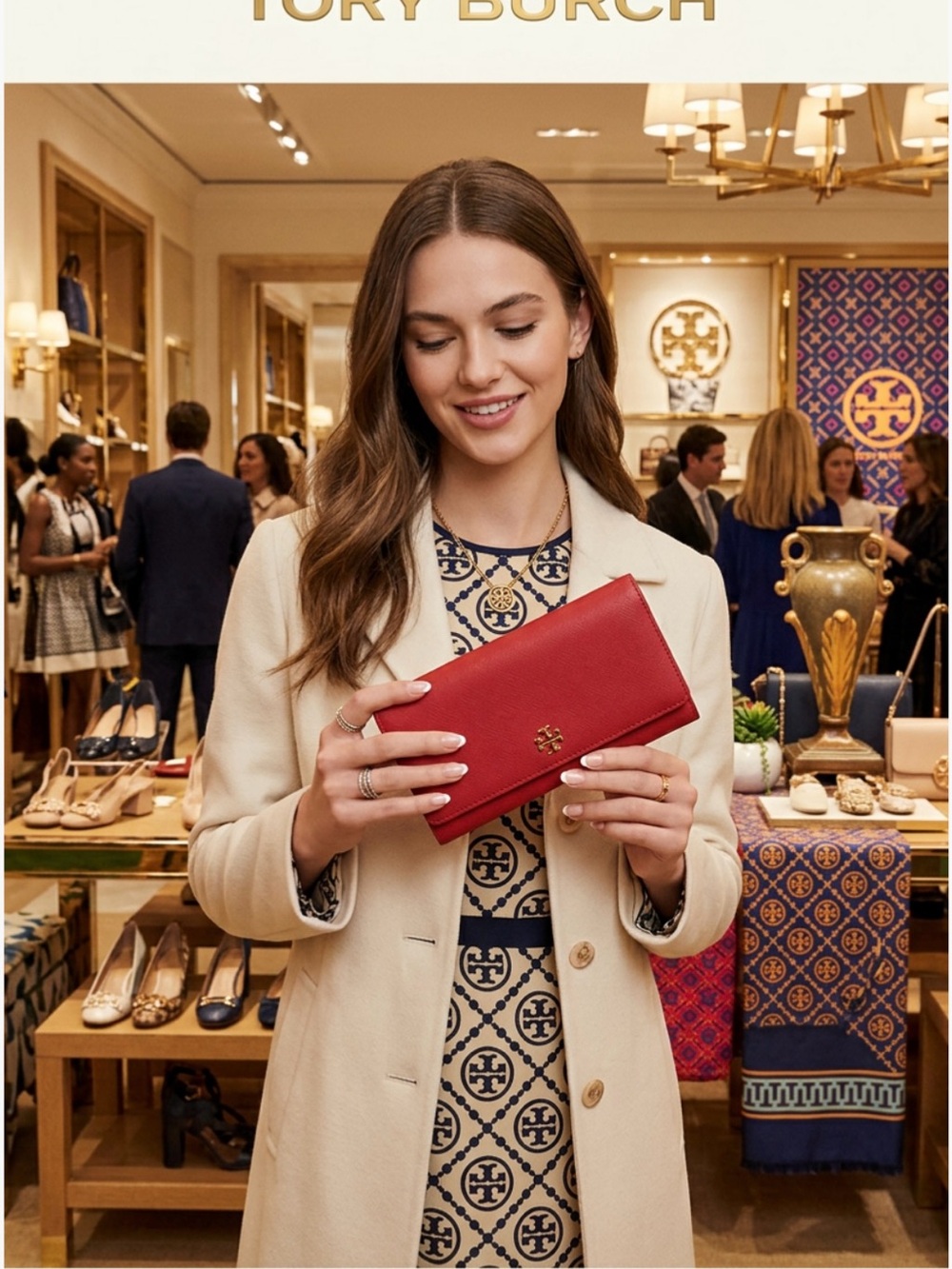 Beautiful Tory Burch Red Leather Logo Continental Wallet
